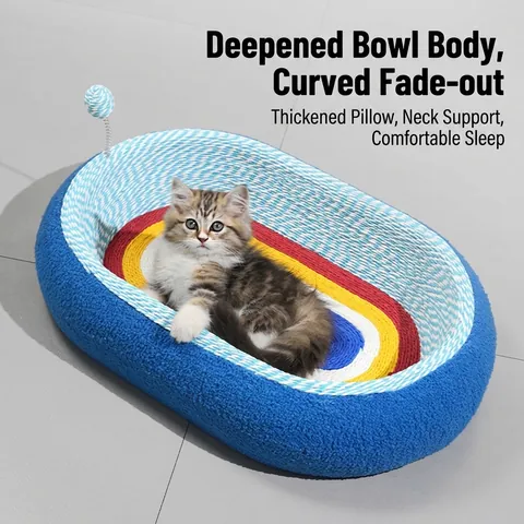 Lit De Griffoir Pour Chat En Sisal Nid Ovale Tissé Arc-En-Ciel Bassin De Grattage Avec Balle Jouet À Ressort Résistant