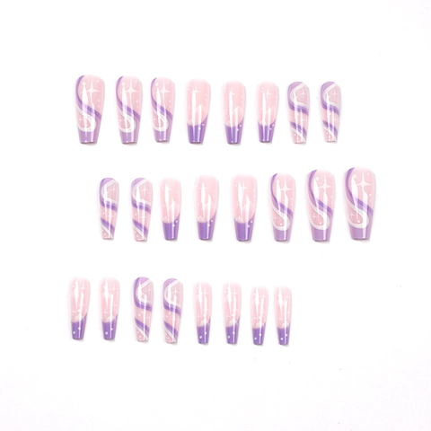 Purple Pink Gradient Press On Nails Long Coffin Ballerina False Nails With Starry Star Twinkle Wave Swirl Pattern Resin