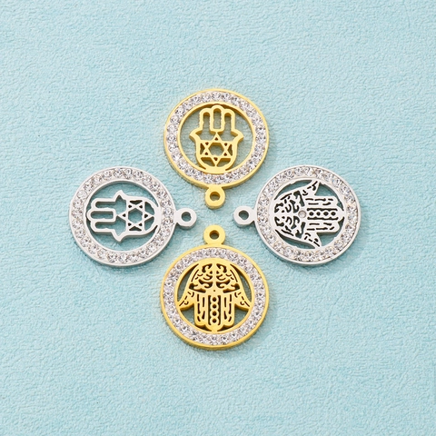 Pendente Mano Di Fatima In Acciaio Inossidabile Rotondo Cavo Stella Di David Con Strass Accessorio Gioielli DIY