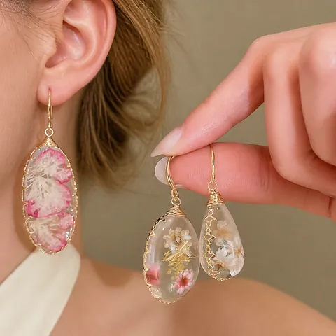 Pendientes Colgantes de Resina con Flores Secas Hechos a Mano para Mujer Margarita Gota de Agua Joyería Estética Regalo