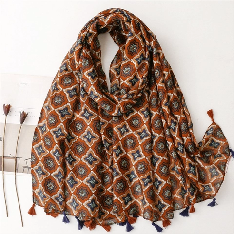 Bohemian Floral Geometric Print Scarf Lightweight Polyester Voile Shawl Wrap With Tassel Fringe For Women Sweet Vintage