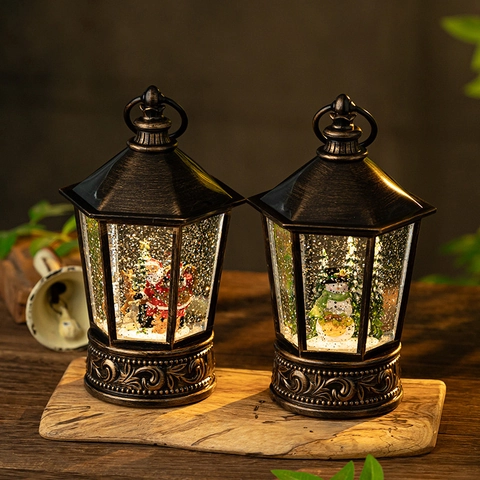 Christmas Snow Globe Lantern Music Box Vintage Bronze LED Light Swirling Snowflakes Musical Decor Santa Claus Snowman