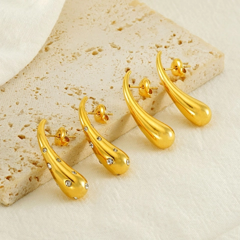 Pendientes De Gota De Agua Oro 18K Acero Inoxidable Strass Modernos Pulidos Para Mujeres Accesorios Elegantes