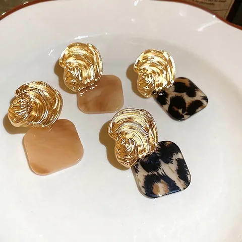 Vintage Square Drop Earrings Resin Leopard Print Marble Pattern Alloy With 925 Sterling Silver Earring Post For Women