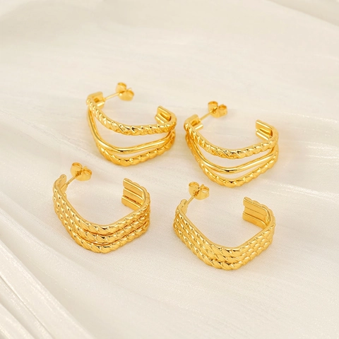 Mehrlagige C-Förmige Creolen Für Damen Edelstahl 18K Vergoldet Gedrehte Seilstruktur Geometrischer Ins-Stil