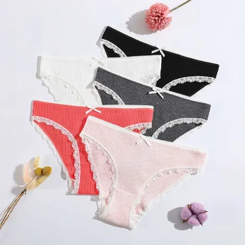Mutandine In Cotone Elastan A Costine Vita Bassa Slip Traspiranti Con Bordo In Pizzo E Fiocco Per Donne