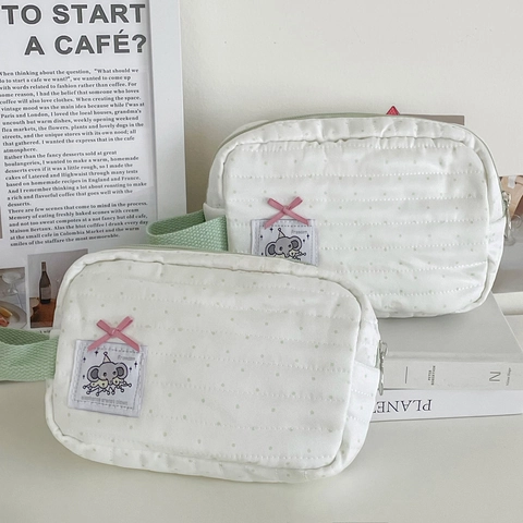 Trousse Maquillage Coton Matelassé Pois Écusson Éléphant Nœud Rose Pochette Toilette Portable Vert Menthe Kawaii Organisateur