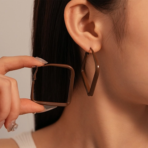 Large Square Geometric Hoop Earrings With Silver Earring Post Painted Matte Alloy Minimalist Retro Style For Women