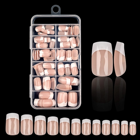 Unghie Finte French Corte Quadrate Nude Rosa Punta Bianca ABS Per Donne Manicure Fai Da Te