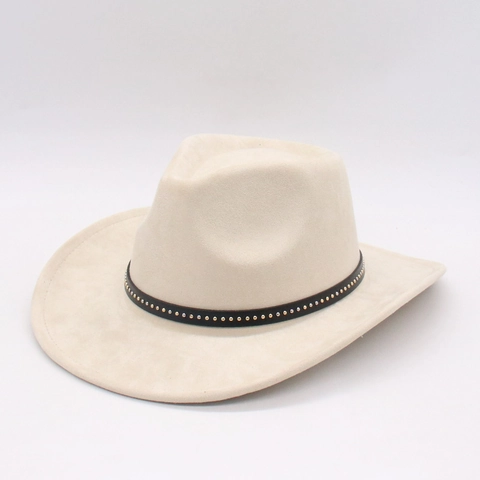 Vintage Western Cowboy Hat Wool Felt Wide Brim Jazz Fedora With Studded Leather Band Retro Outdoor Style For Men Women