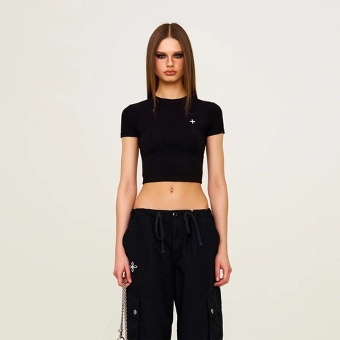 Women Slim Fit Ribbed Cotton Crop Top T-Shirt Round Neck Short Sleeve Cross Embroidery Streetwear Casual Top