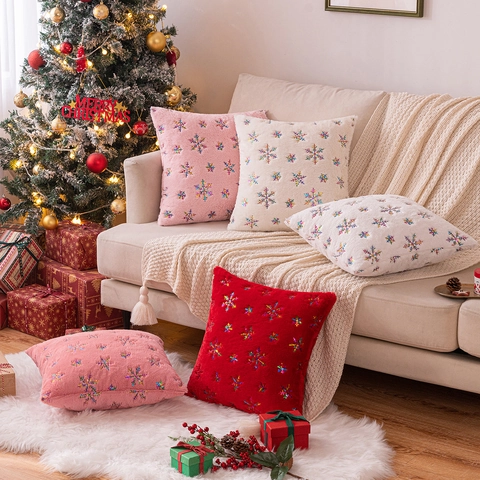 Housse De Coussin En Peluche Flocon De Neige Noël Nordique Broderie Paillettes Décoration De Fête Canapé Lit Fermeture Éclair