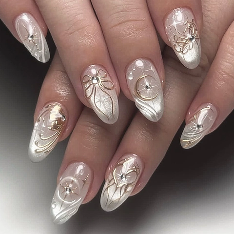 Unghie Finte Press On Stile Francese Mandorla Bianco Perla Artificial Oro Motivo Stella Luna Strass Con Adesivi Per Colla