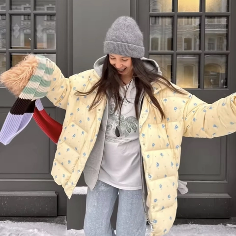 Giacca Imbottita Con Stampa Floreale Da Donna Cappotto In Cotone Con Cappuccio Coulisse Retro Dolce Capispalla