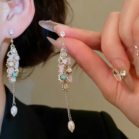 Eleganti Orecchini Lunghi A Nappa Con Perno In Argento Sterling 925 Cristallo Colorato Strass Perla Artificial Per Donne