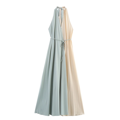 Vestito Maxi Halter Poliestere Pieghettato Blocchi Di Colore Scollo A V Senza Maniche Vita Alta Elegante Schiena Scoperta Estate