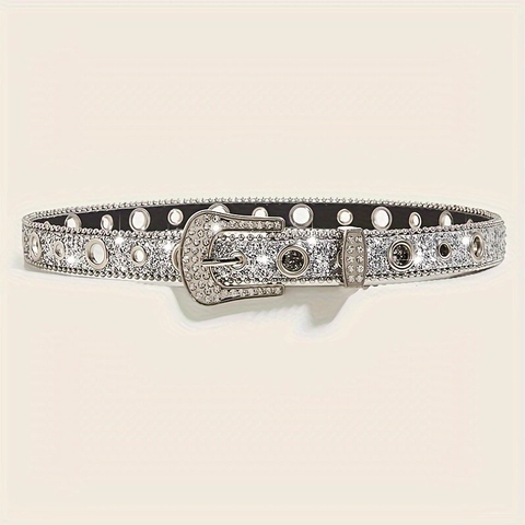 Cinturón De Strass Para Mujer Cuero PU Western Lentejuelas Con Ojales Metálicos Y Hebilla De Pasador Y2K Decoración Jeans