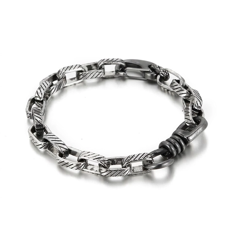 Vintage Men Industrial Stainless Steel Chain Bracelet Textured Square Links Retro Punk Streetwear Wristband
