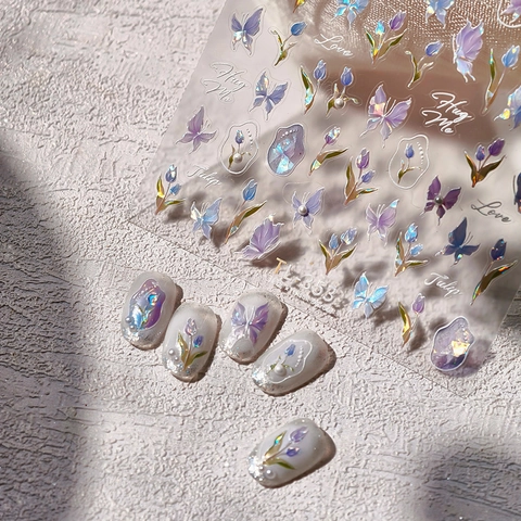 Iridescent Laser Butterfly Tulip Flower 3D Embossed Nail Art Stickers Self Adhesive Manicure Decoration For Women