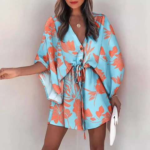 Women V Neck Printed Mini Dress Butterfly Sleeve Drawstring Waist Casual Vacation Bohemian