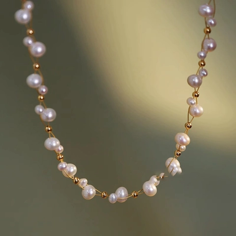 Elegant French Retro Artificial Pearl Necklace For Women With Gold Plated Copper Beads Luxury Clavicle Chain
