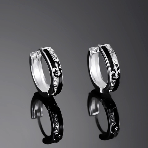 Copper Huggie Hoop Earrings With Black Enamel Fleur De Lis Pattern Vintage Gothic Punk Style For Men