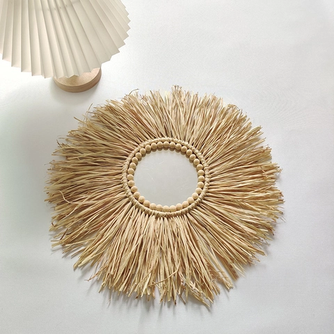 Boho Raffia Wall Hanging Decor Natural Handwoven Straw Wood Beads Ethnic Nordic Art Home Nursery Living Room Bedroom