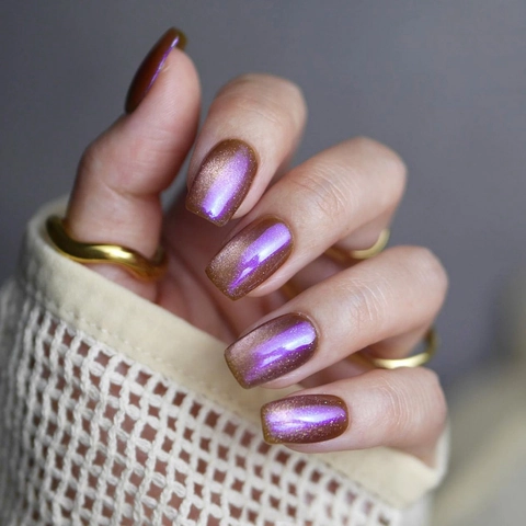 Aurora Cat Eye Press On Nails Purple Brown Shimmer Short Square Round Glossy Fake Nails Wearable Manicure Tips