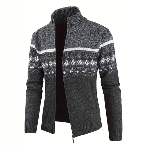Men's Polyester Knitted Cardigan Zipper Stand Collar Color Block Geometric Pattern Casual Long Sleeve Winter Sweater