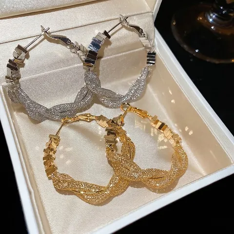 Twisted Braided Hoop Earrings With 925 Sterling Silver Earring Post Copper Zircon Geometric Square Fashion Elegant