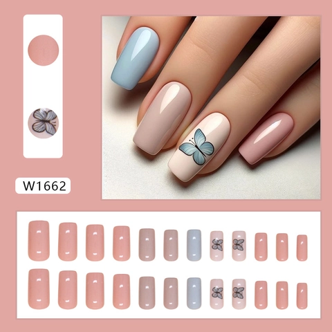 Press On Nails Artificial False Nail Tips Butterfly Pattern Minimalist Solid Color Square Round Shape Glossy Detachable For Women