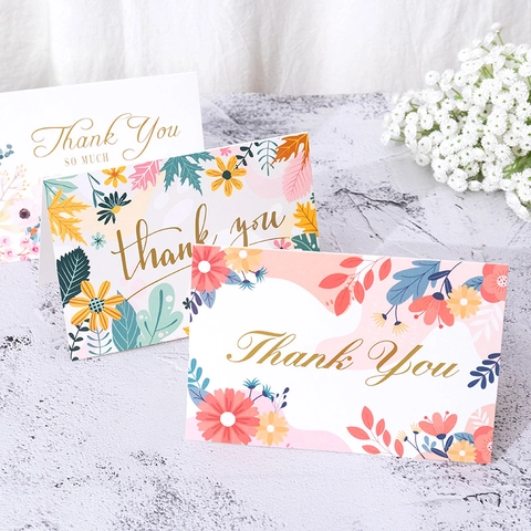 Floral Thank You Greeting Cards Gold Foil Cardboard Envelopes Wedding Birthday Business Flower Hand Painted Illustration