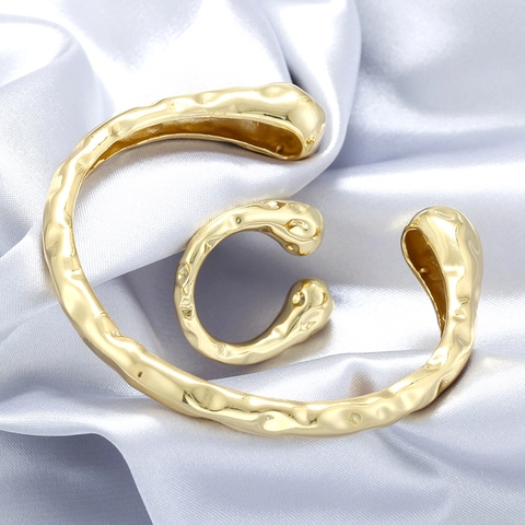 Retro Kupfer Gehämmert Geometrische Offene Armband Und Ring Set 18K Vergoldet Unebene Textur Verstellbare Schmuckset Für Damen