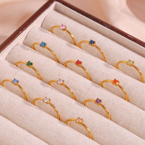 Minimalist Thin Band Ring Stainless Steel 18K Gold Plated Colorful Zircon Birthstone Stackable Jewelry For Women