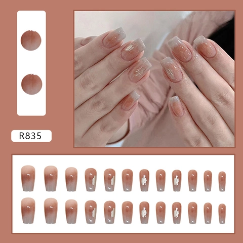 Coffin Press On Nails Smudge Gradient Sunset Glow Glossy ABS Plastic Ballerina False Manicure For Women Silver Foil