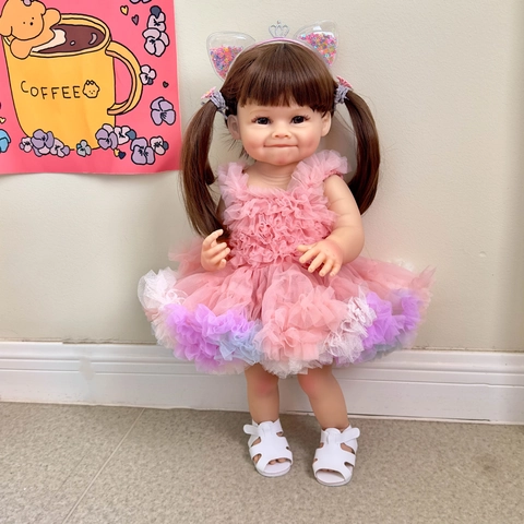 Realistic Reborn Baby Doll Vinyl Simulation Smiling Dimple Toy Pink Gradient Mesh Dress Brown Pigtails Hair For Kids Gift