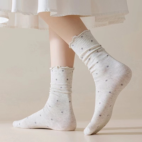 Chaussettes Mi-hautes Femme En Mélange De Coton À Pois Avec Bordure À Volants Style Japonais Douces Respirantes