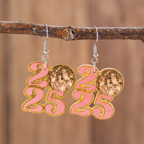 2025 Numeric Star Drop Earrings For Women New Year Party Celebration Jewelry Gift Gold Plated Iron Pink Acrylic Disco Ball