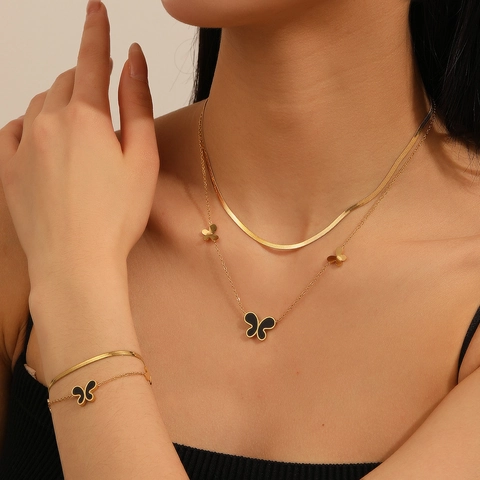 Butterfly Necklace Bracelet Anklet Stainless Steel 18K Gold Plated Double Layer Snake Chain Shell Jewelry For Women