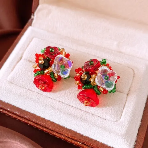 Handmade Beaded Flower Earrings Glass Beads Vintage Floral Style With 925 Sterling Silver Earring Post For Women