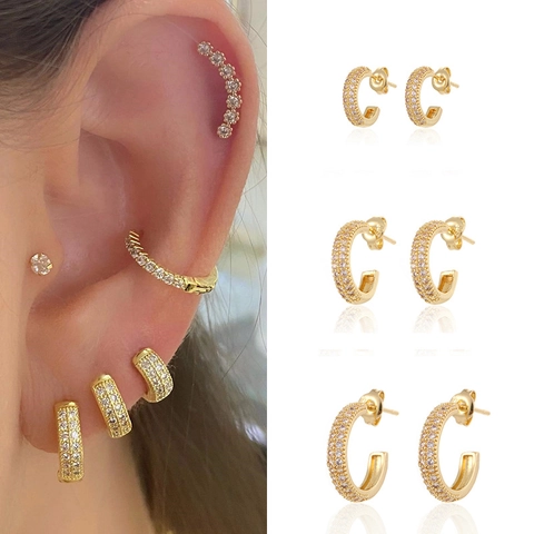 C-Shaped Stud Earrings With 925 Sterling Silver Earring Post Copper Gold Plated Pave Zircon Glamorous Trendy Jewelry
