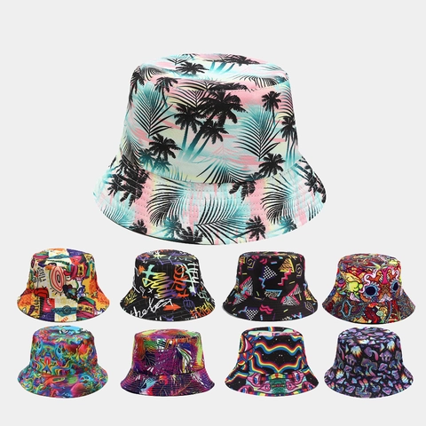 Double Sided Bucket Hat For Men Women Sun Protection Reversible Summer Outdoor Fisherman Hat Tropical Graffiti Print Beach Travel Panama Cap