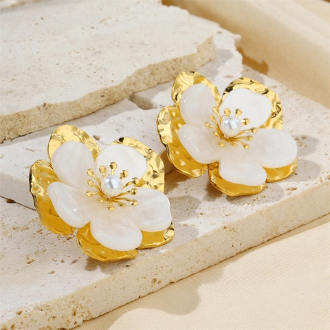 Flower Stud Earrings Stainless Steel With Resin Petals And Imitation Artificial Pearl Layered Gold Plated Vintage Jewelry For Women