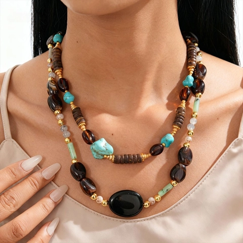 Collier Perles Bohême Pierre Acrylique Verre Alliage Cuivre Coque Noix Coco Pendentif Ovale Ethnique Vintage Longue Chaîne Pull Femme