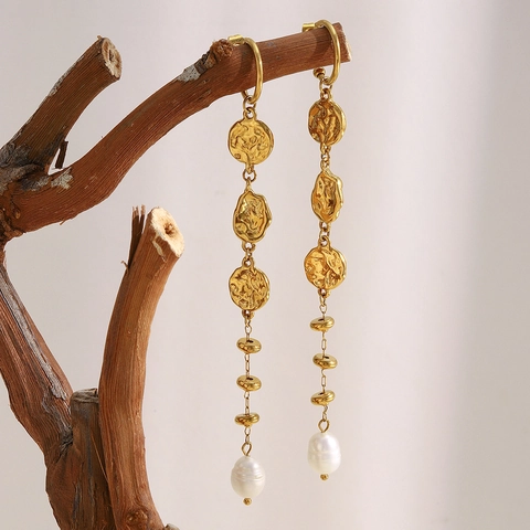 Long Tassel Stud Earrings With Hammered Texture Stainless Steel And Artificial Baroque Pearls 18K Gold Plated Vintage Jewelry