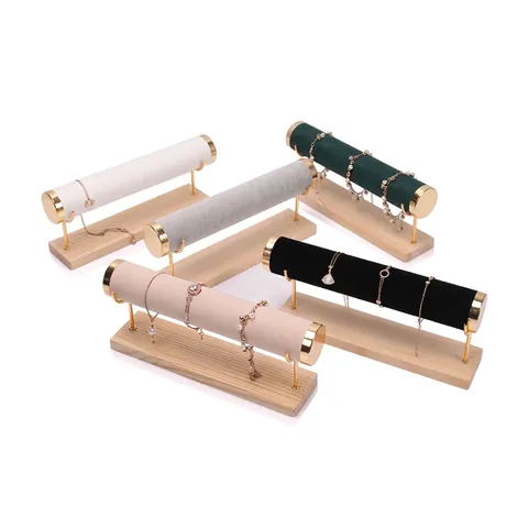 Bracelet Display Stand T-Bar Jewelry Organizer Solid Wood Base Gold Metal Velvet For Watches Bangles Hair Scrunchies