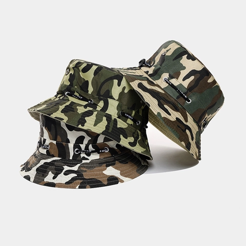 Chapeau Bob Camouflage Polyester Respirant Protection Solaire Extérieur Randonnée Pêche Sportif Militaire Ajustable Unisexe