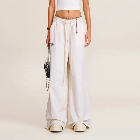 Pantaloni A Gamba Larga Da Donna Coulisse Regolabile Ricamo Motivo A Croce Streetwear Casual Vita Alta