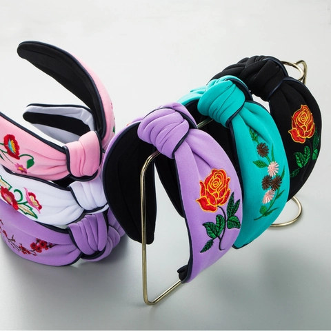 Vintage Bestickte Blumen Breiter Knoten Haarreif Für Damen Koreanischer Stil Stoff Handgefertigt Floral Rose Kopfschmuck Accessoire