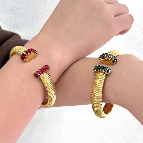 Bracciale Rigido Aperto a Spirale in Acciaio Inossidabile Tubogas per Donna Placcato Oro con Intarsio in Zirconia Gioielli Hip Hop